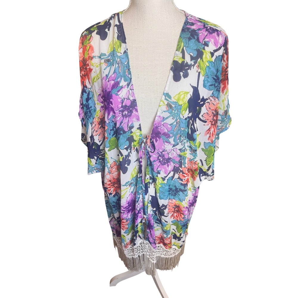 Catalina Floral Kimono Swim Cover Up Fringe Crochet Multi Color Large 12-14
